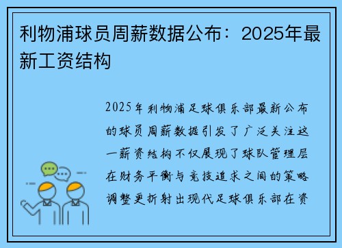 利物浦球员周薪数据公布：2025年最新工资结构